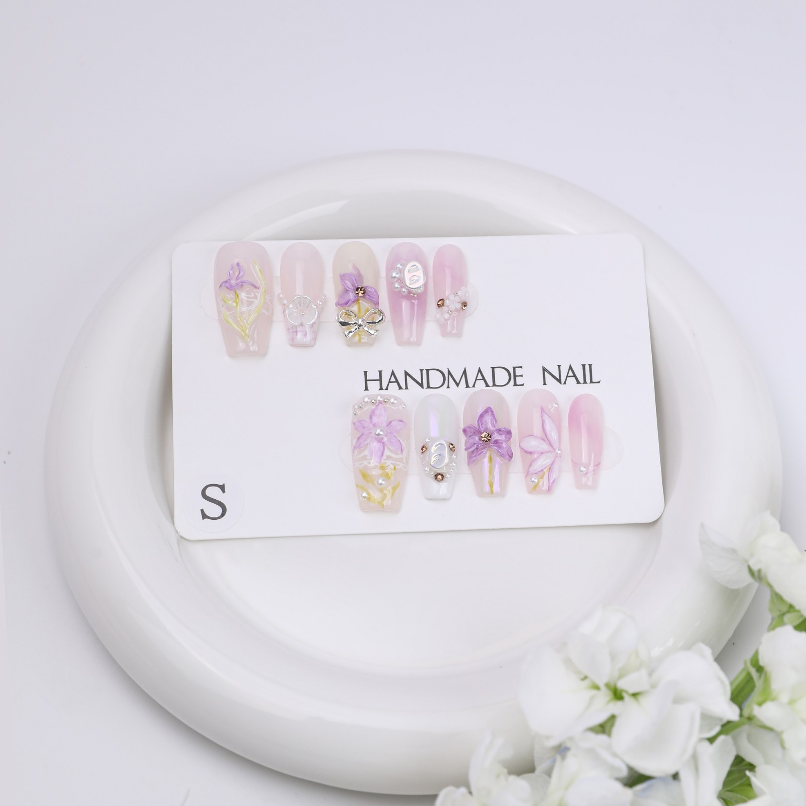 Handmade Pink Purple Lily Press On Nails Medium Coffin Pearl Bow Fairy Elegant