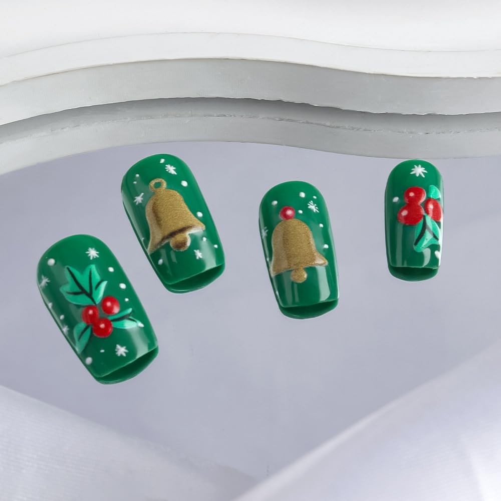 Christmas Press on Nails Short Square Glue on Nails with Holly Fruit Design C…