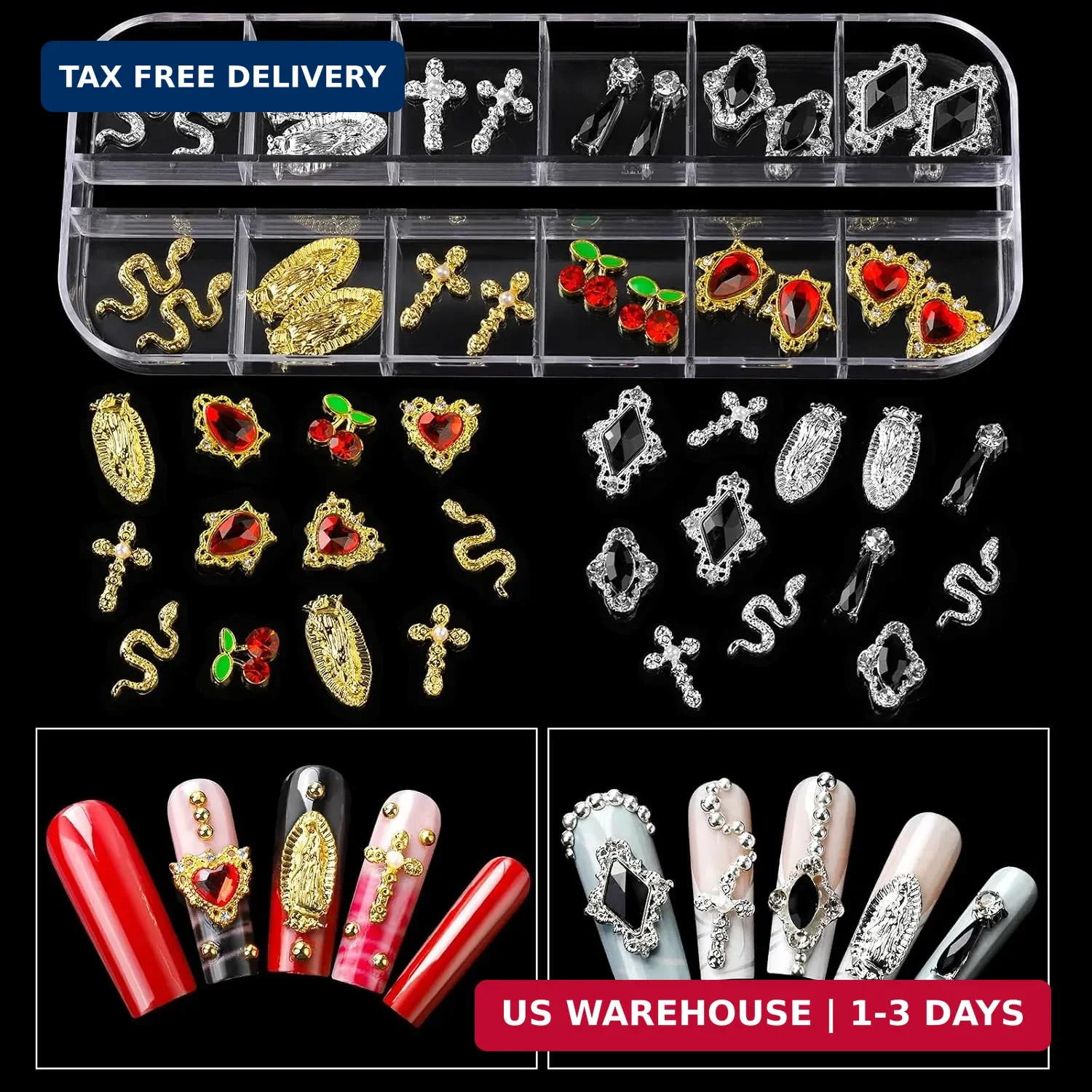 Teenitor Nail Charms and Gems with Nail Stickers, 6 Boxes Silver & Gold Nail Gem