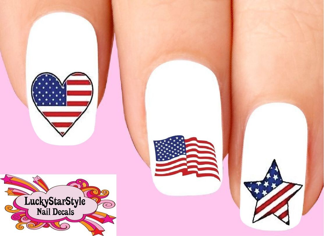 Waterslide Nail Decals Set of 20 – 4th of July Flag Star Heart Assorted