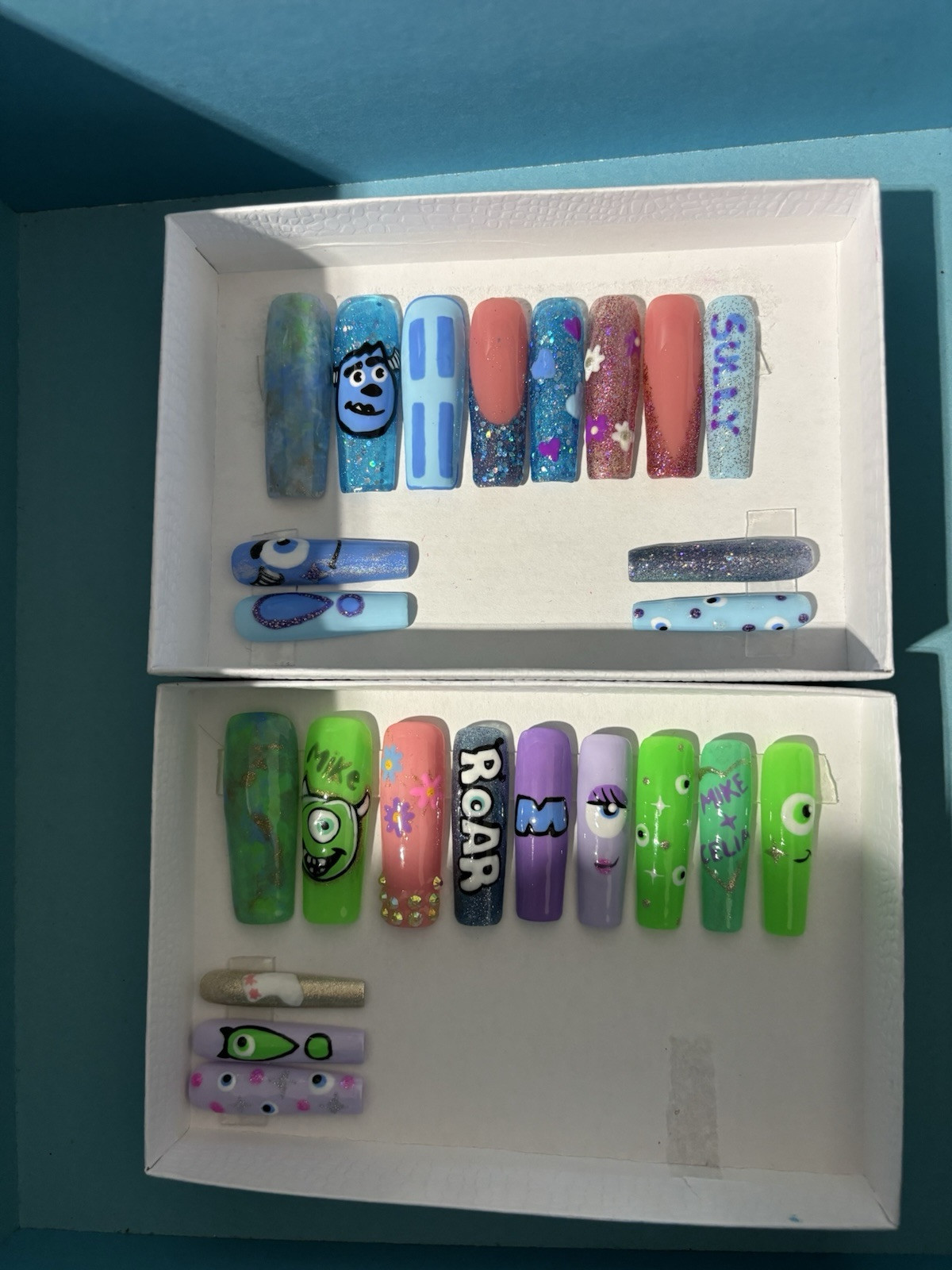 Monsters Inc Nails Press On Nails With Pink, Blue , Green & Purple Handmade