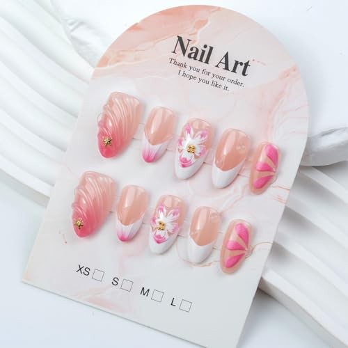 30Pcs Pink Press on Nails Almond Medium French Tip Fake 3D Flower Nail Art – 6
