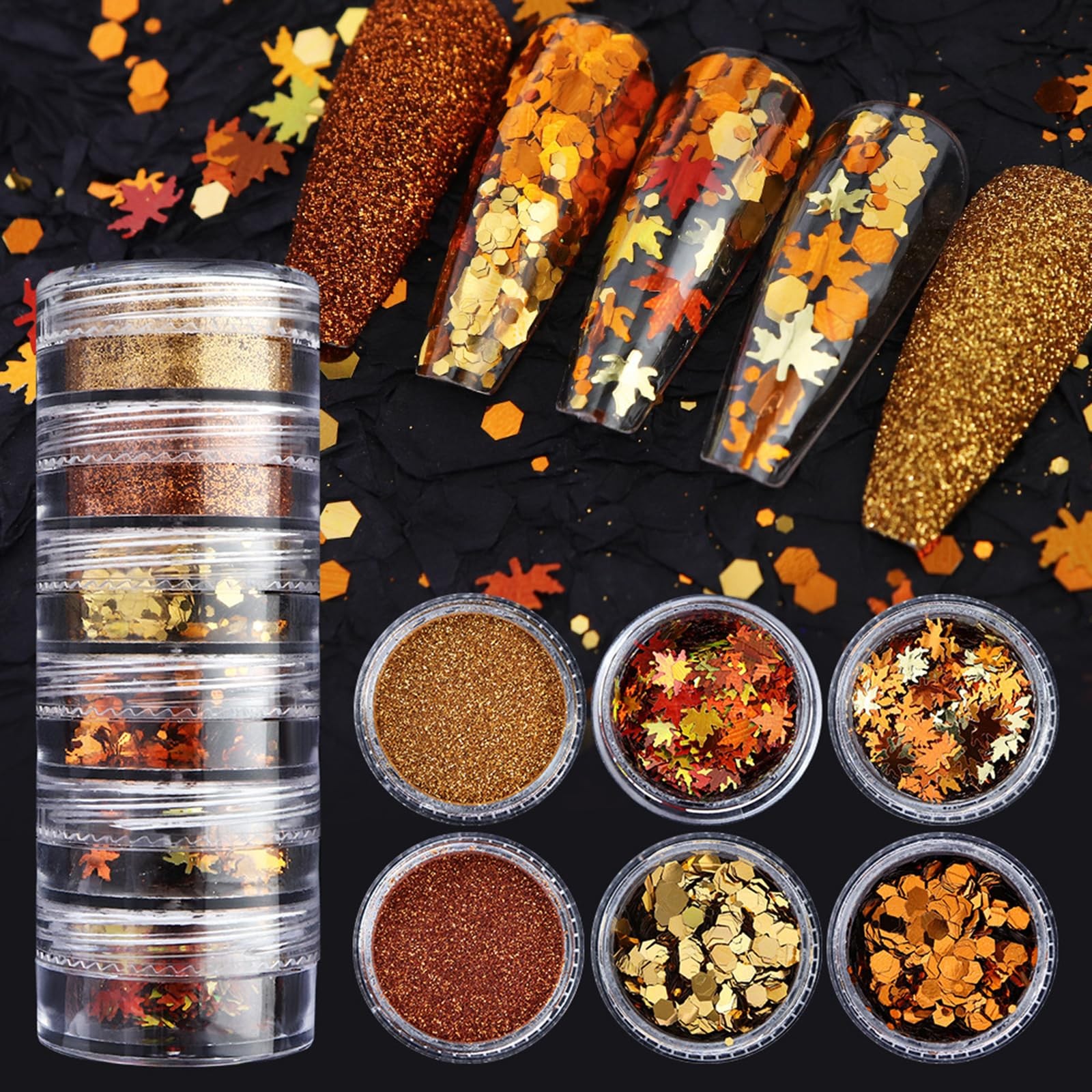 Golden Fall Nail Art Glitters Maple Leaf Nail Sequins Set of 6 Jars, Autumn L…
