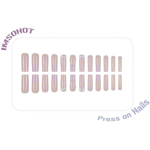 Purple Press on Nails Long Square Fake Nails French Tips Glossy C1-12Purple