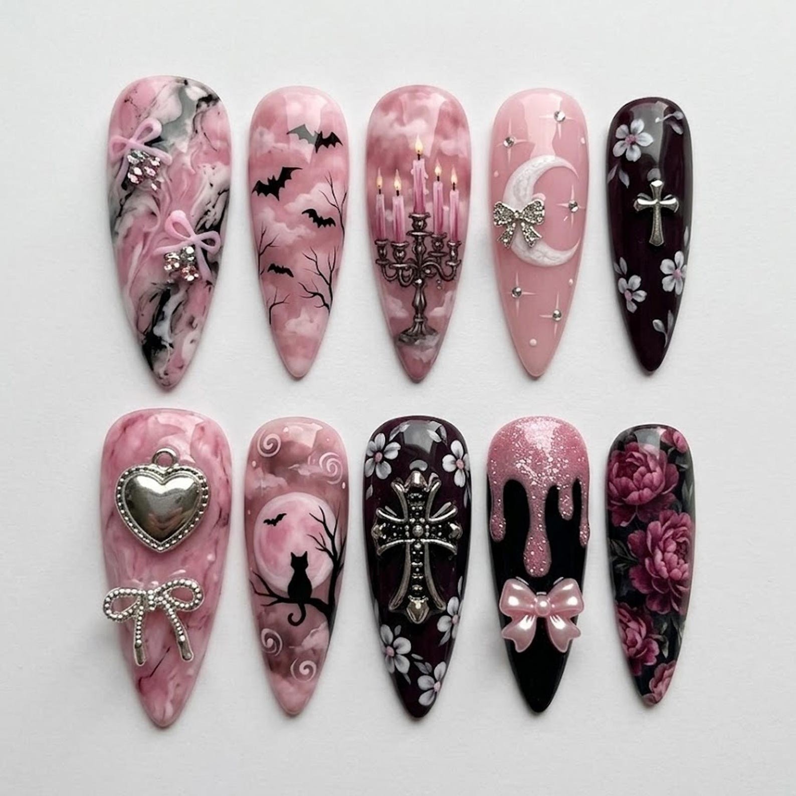 Custom Handmade Halloween Bat Black Cat Cross Bow Moon Stiletto Press on Nails