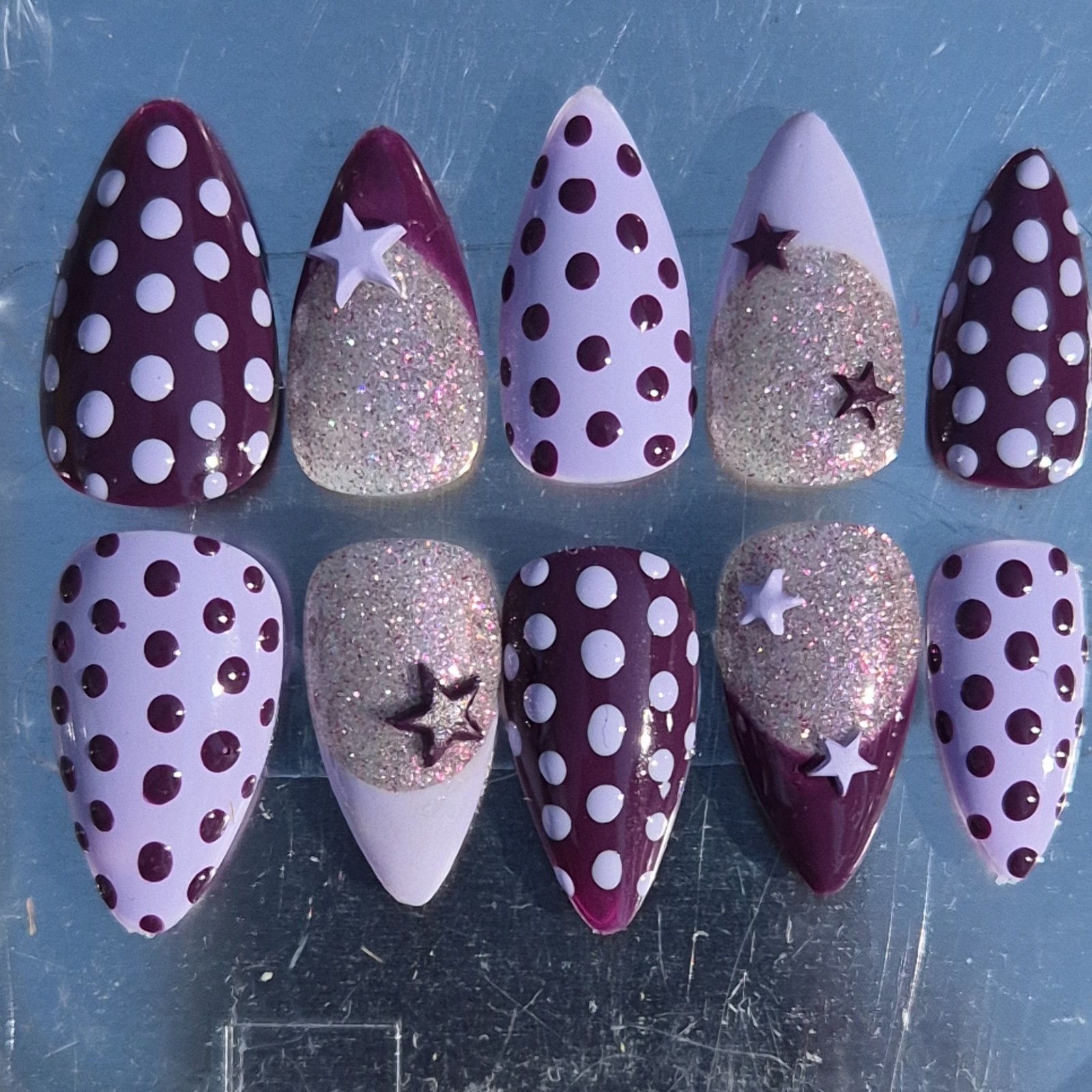 Purple White Silver Glitter Star Polka Dot Stiletto Press-On Nails Long Full Co…