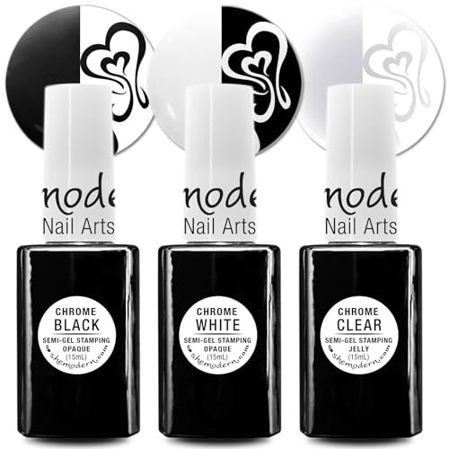 0.33 Fl Oz (Pack of 3) Chrome BLACK + WHITE + CLEAR Stamping Polishes Semi-Gel