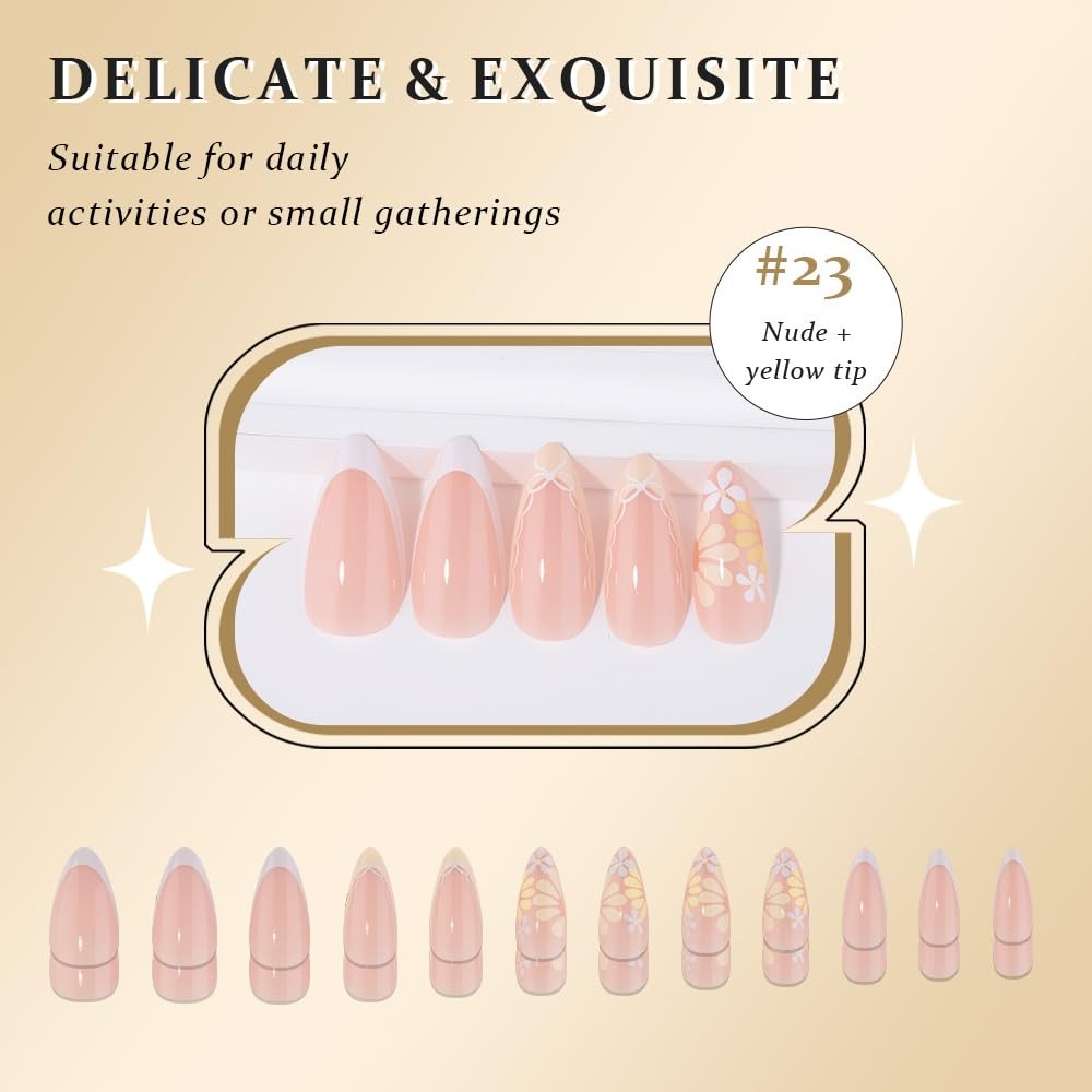 evpct Nude Yellow Flower Short Almond Press On Nails
