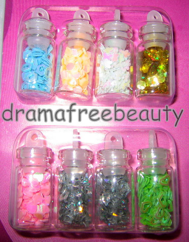 BN Donna Michelle NAIL ART 8 Mini Bottles *Holographic Stars, Hearts, Hexagons*