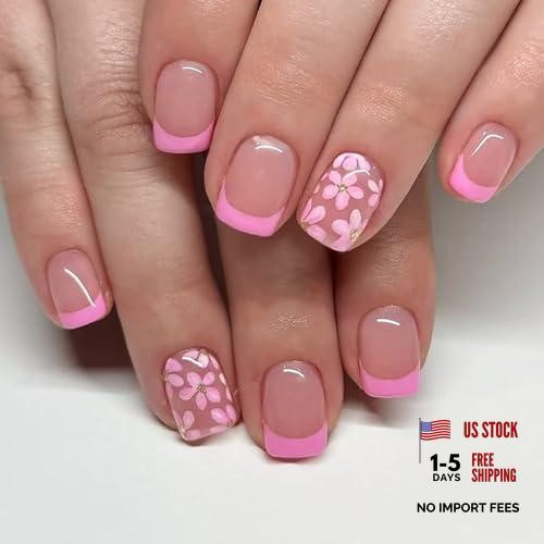 French Tip Press On Nails – Short Fake Nails Square Nude Pink – Flowers3