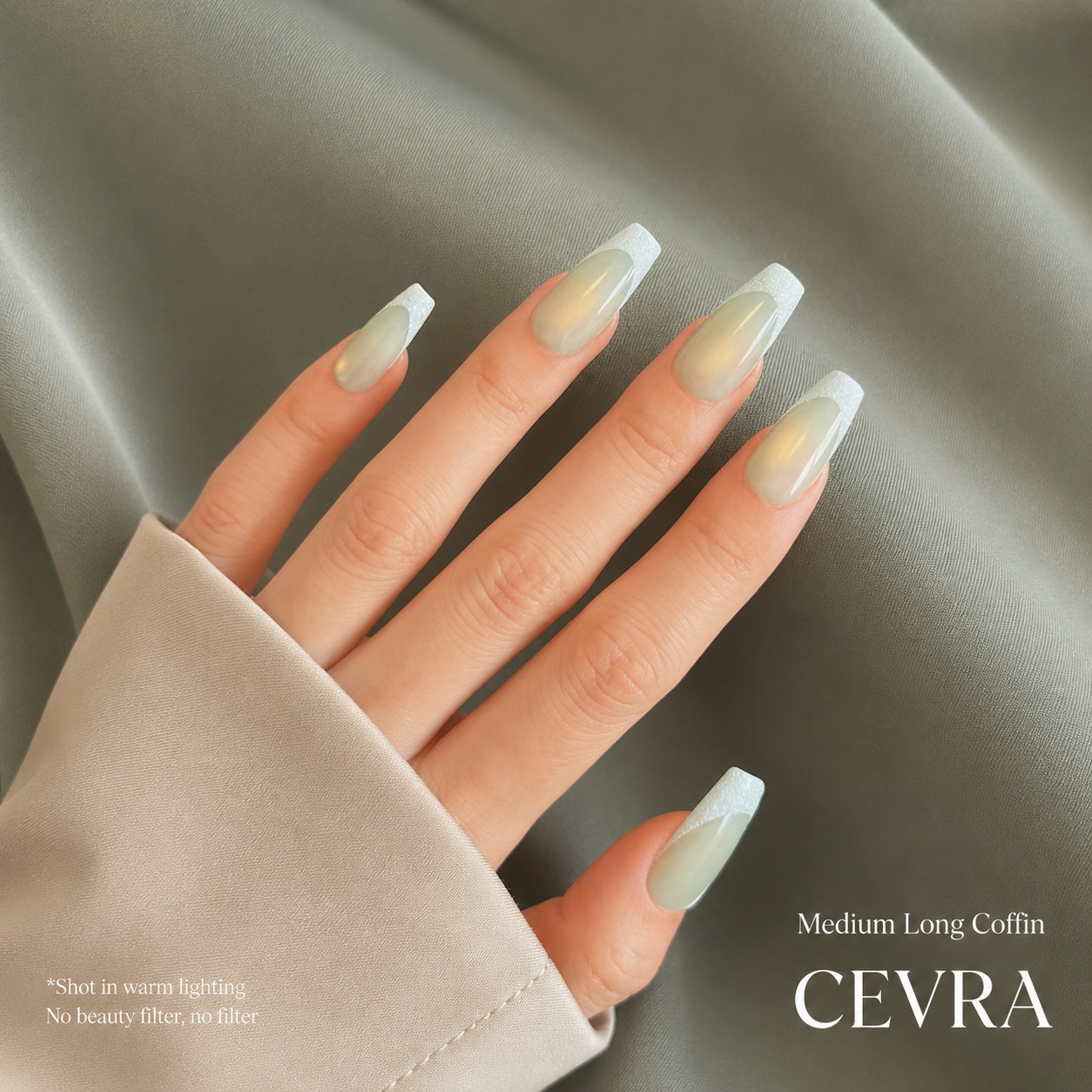 Handmade Green Cat Eye Press On Nails French Tip Glossy Reusable Coffin Fake