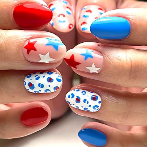 4th of July Cute Star Press on Nails Short Almond Fake Nails Leopard Ice Cream