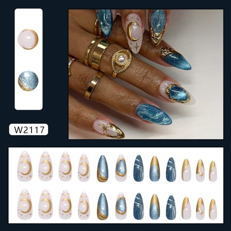 24Pcs False Nail Including Shimmering Cats Eye Design and Deep Sea Star Glamours