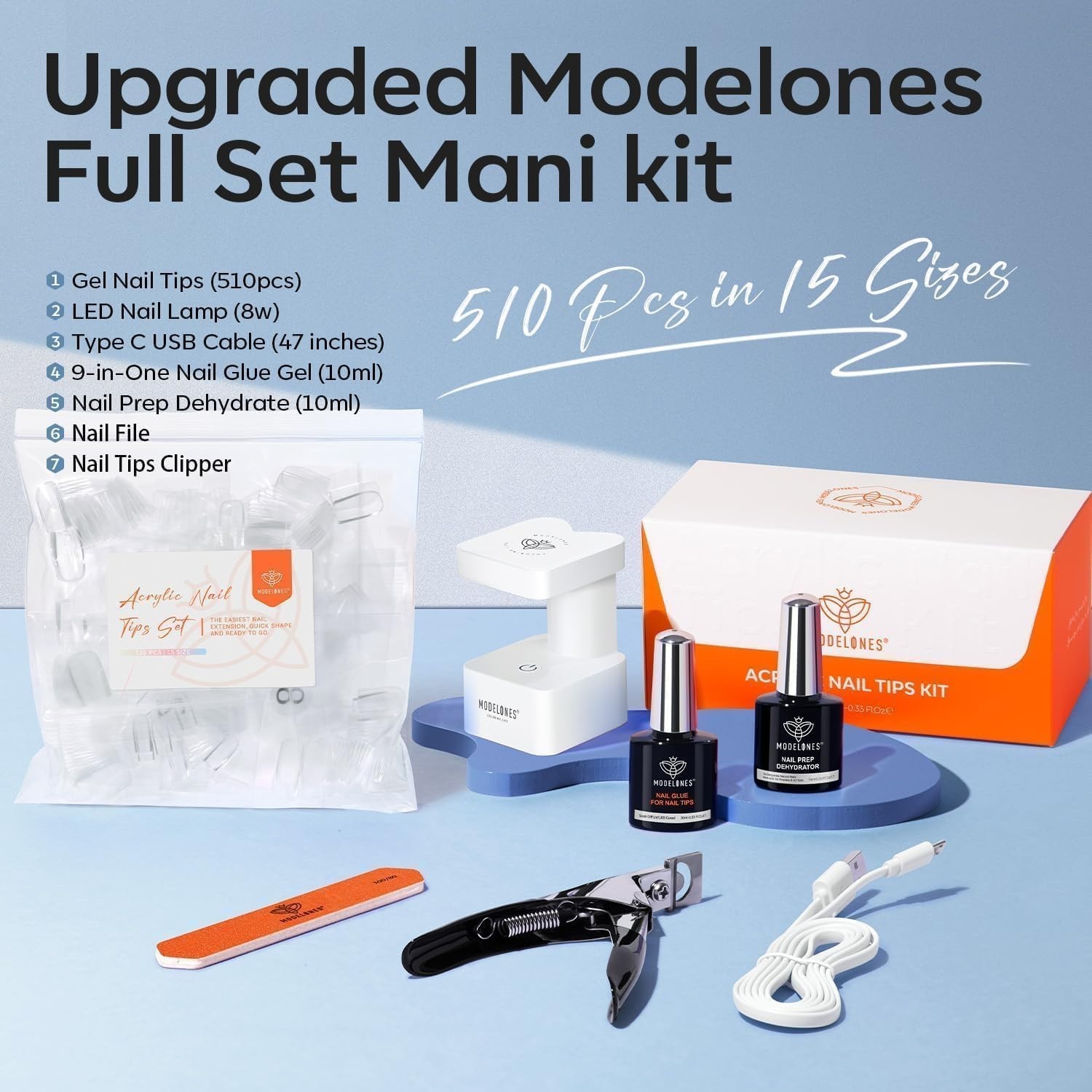 15 Sizes Short Square Gel Nail Tips Kit, 9-in-1 Glue & Portable LED Lamp, 510 Pc