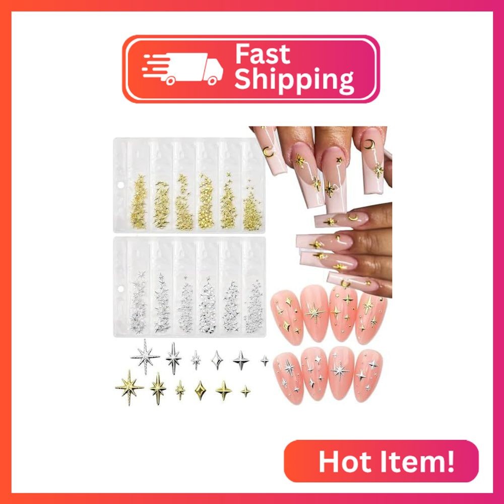 400pcs Gold Silver Star Nail Charms – 3D Star Nail Jewelry Rhinestones Supplies