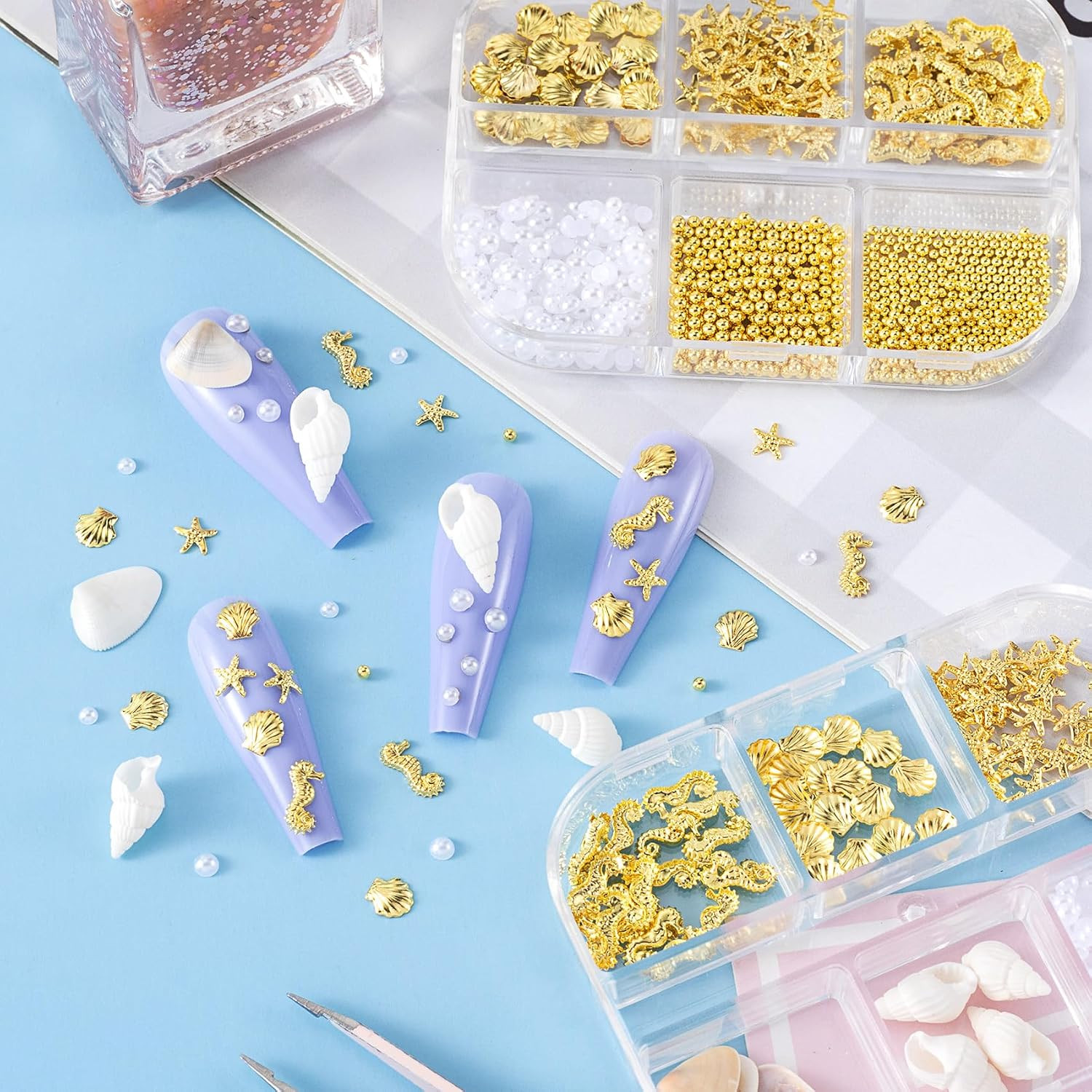 2 Boxes Ocean Beach Nail Art Charms, Gold 3D Starfish Seashell Nail Decoration G