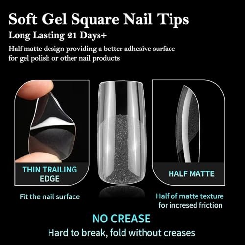 Square Nail Tips, 300pcs Soft Gel Nail Tips 12 Size – Medium Square Tips
