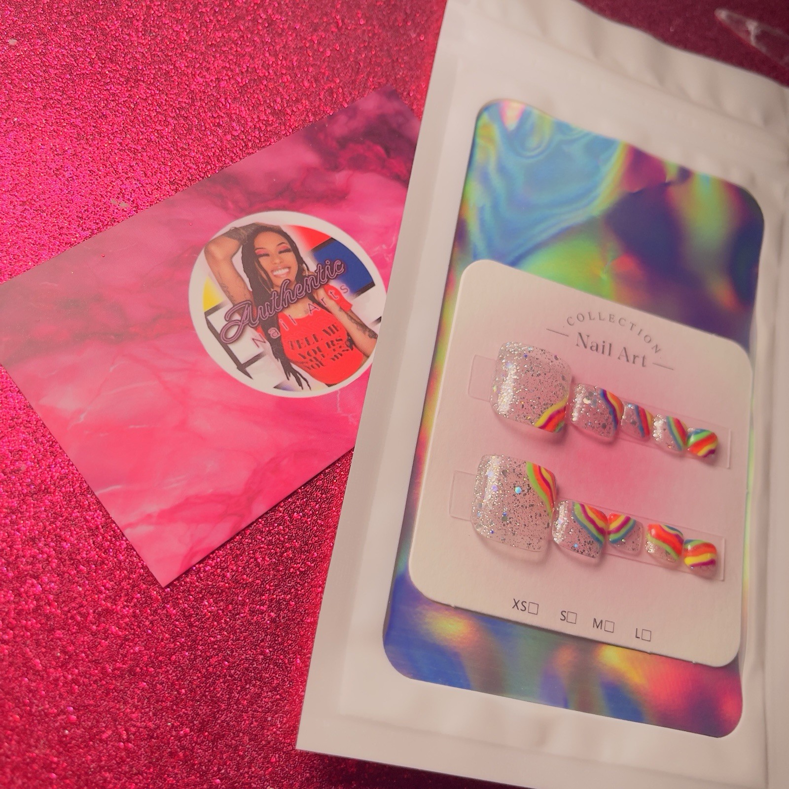 Authentic Nail Arts by Dia Square Press-On Toe Nails Rainbow Glitter Shiny Short