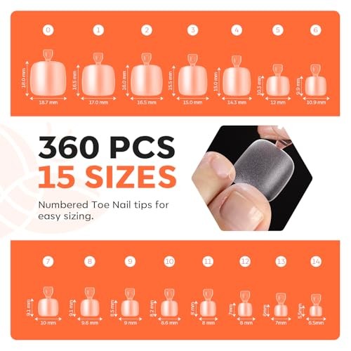 Toe Nail Tips 360Pcs 15 Sizes Short Square A12-short square toe nail tips