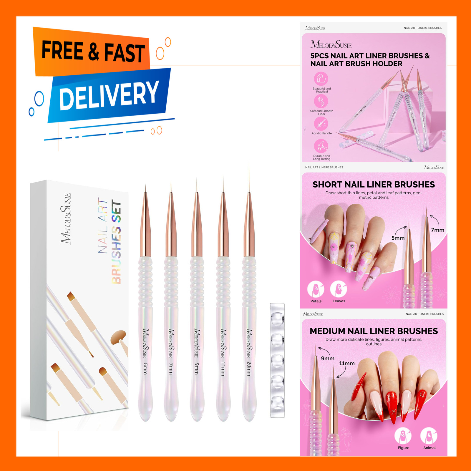 Nail Art Liner Brushes Set with Holder, Gel Polish Drawing Pen, Thin Long Line
