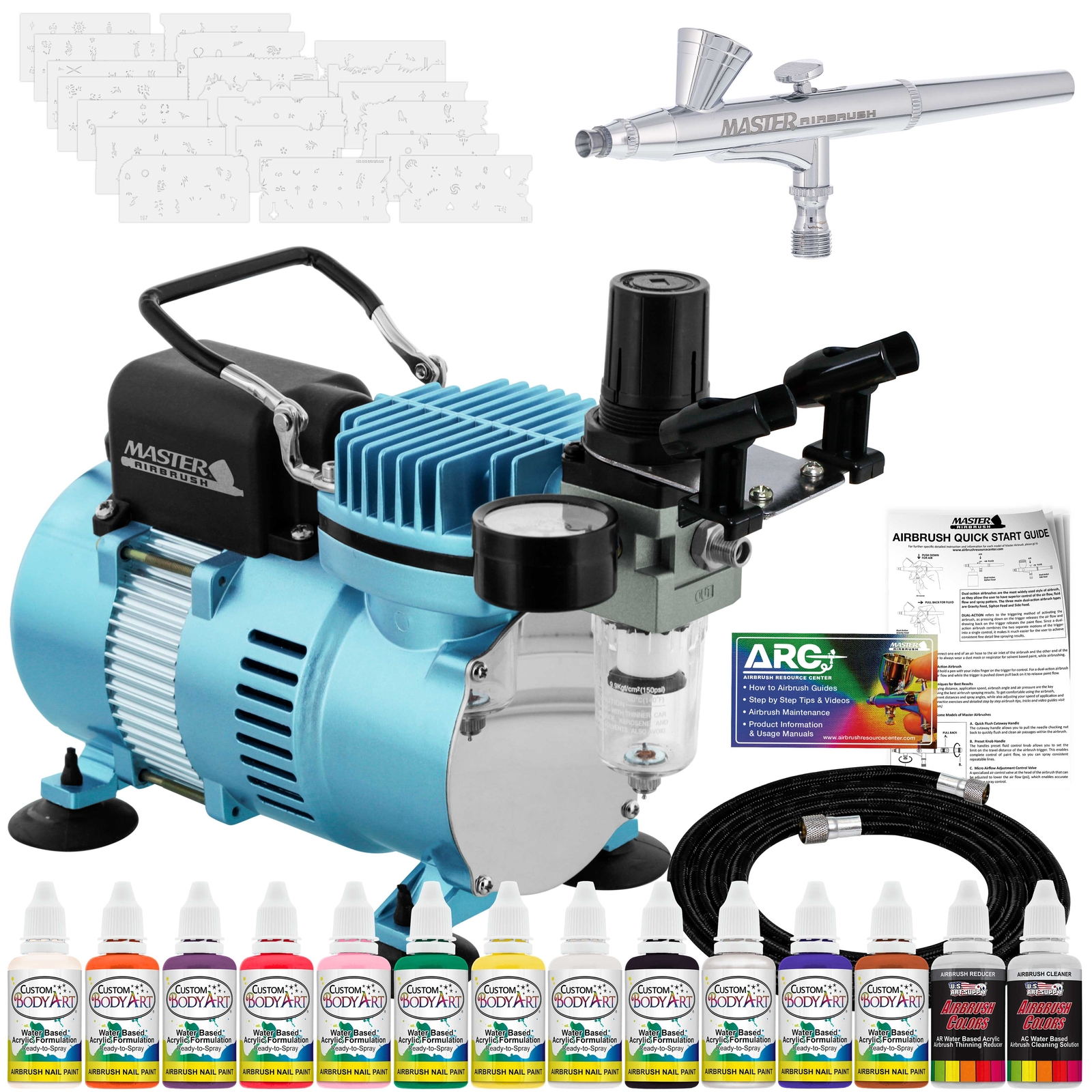 NAIL ART AIRBRUSH KIT-SET-Air Compressor-Paint-20pk Stencil Design Dual Action
