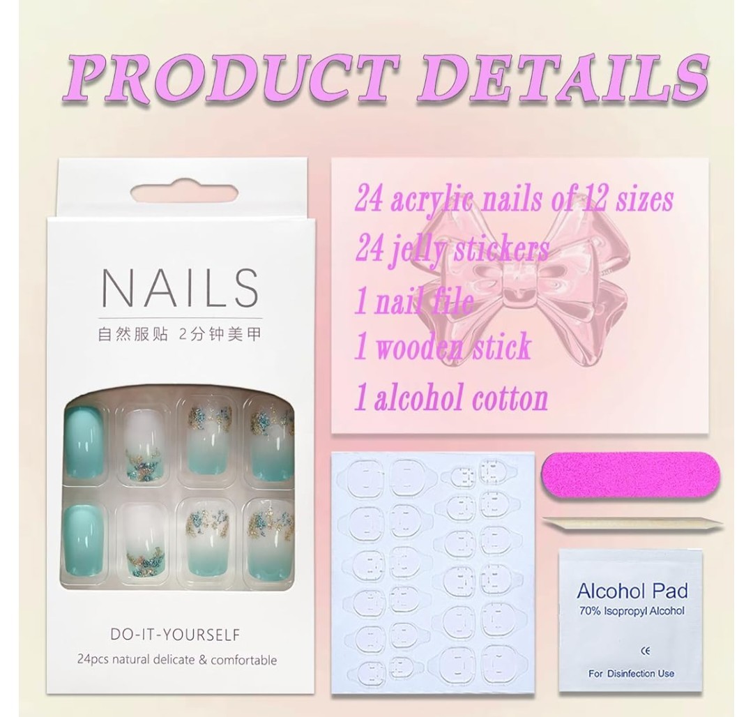 Summer Gradient Lake Blue Full Cover False Nails – 24 Pcs Glossy Stick…60% OFF