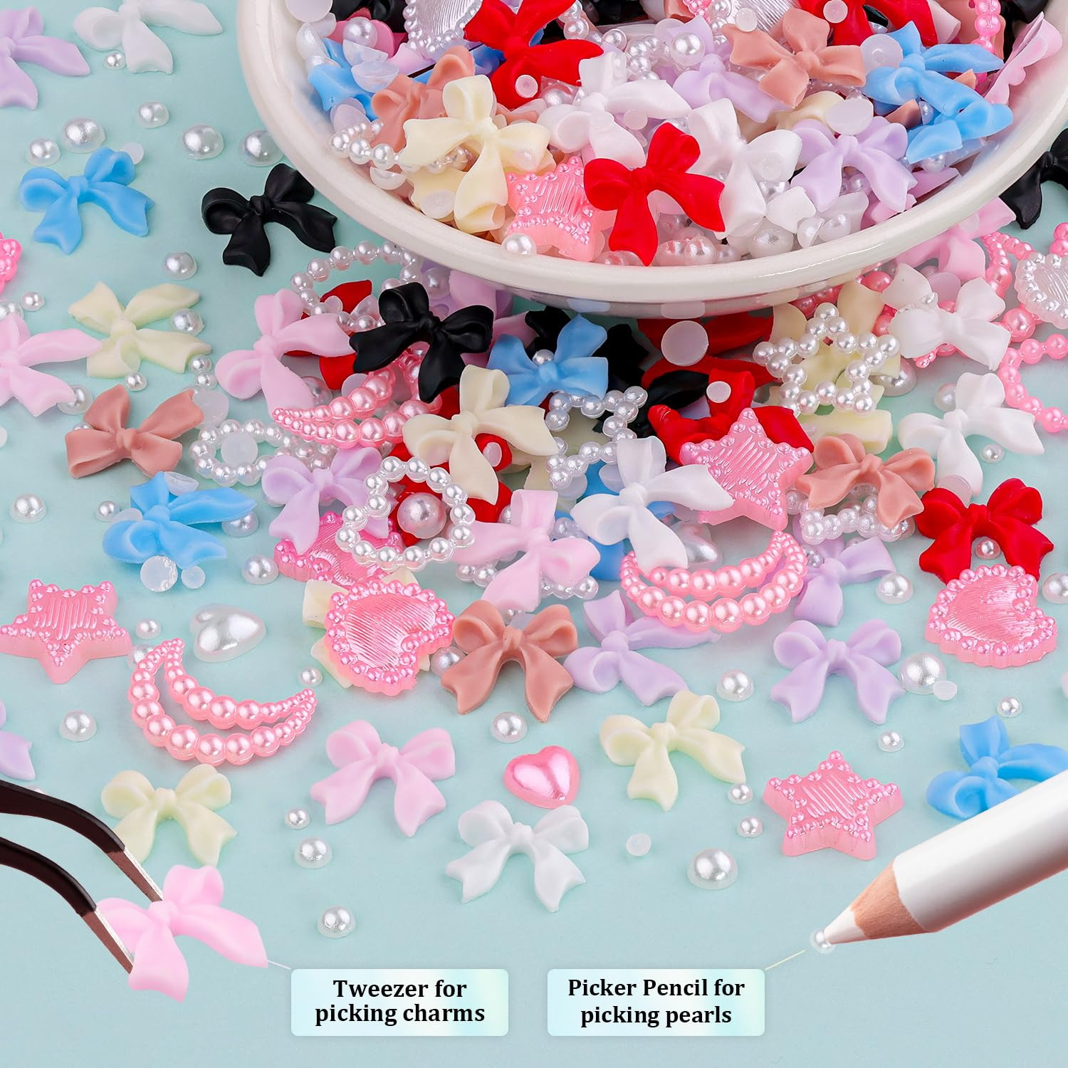 600 Pcs 3D Nail Charms and Flatback Pearls Set 1, 8 Colors Nail Bow Charms + Pin