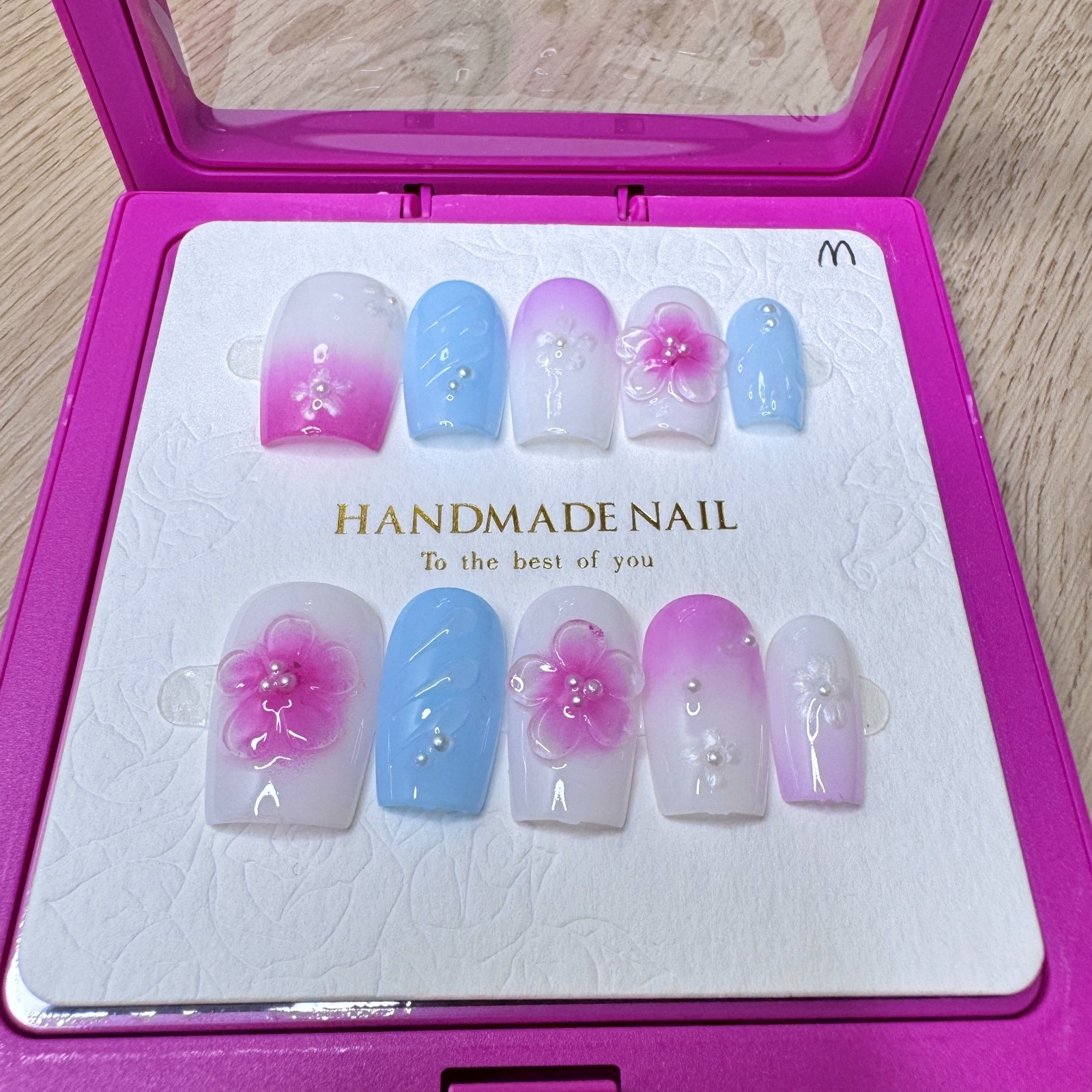 Handmade Hard Gel Press on Nail Art Kit Sz M Glitter Translucent Short Square