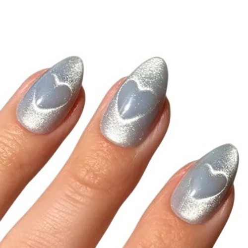 Glamnetic Press-On Nails Short Almond Light Blue Cat Eye Heart Velvet 30 Count