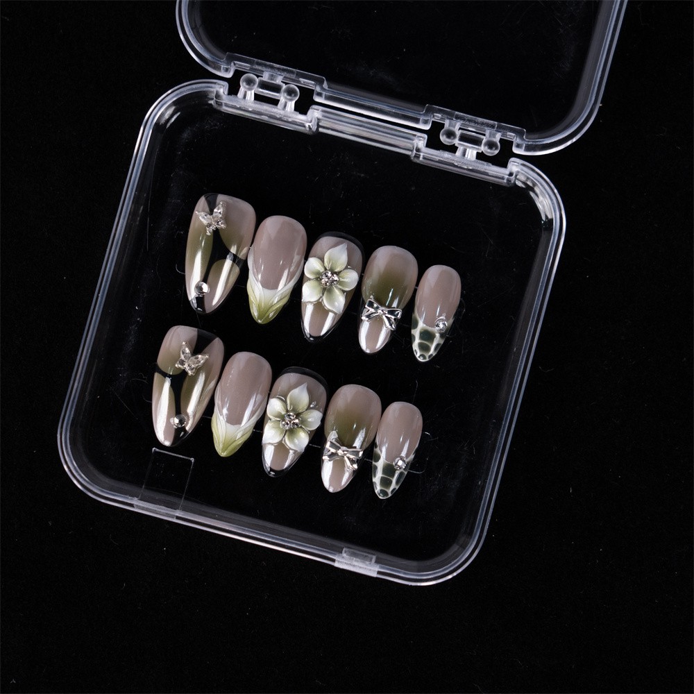 Chic Handmade Green Ombre Press On Nails Medium Almond with Hand-Painted Flower