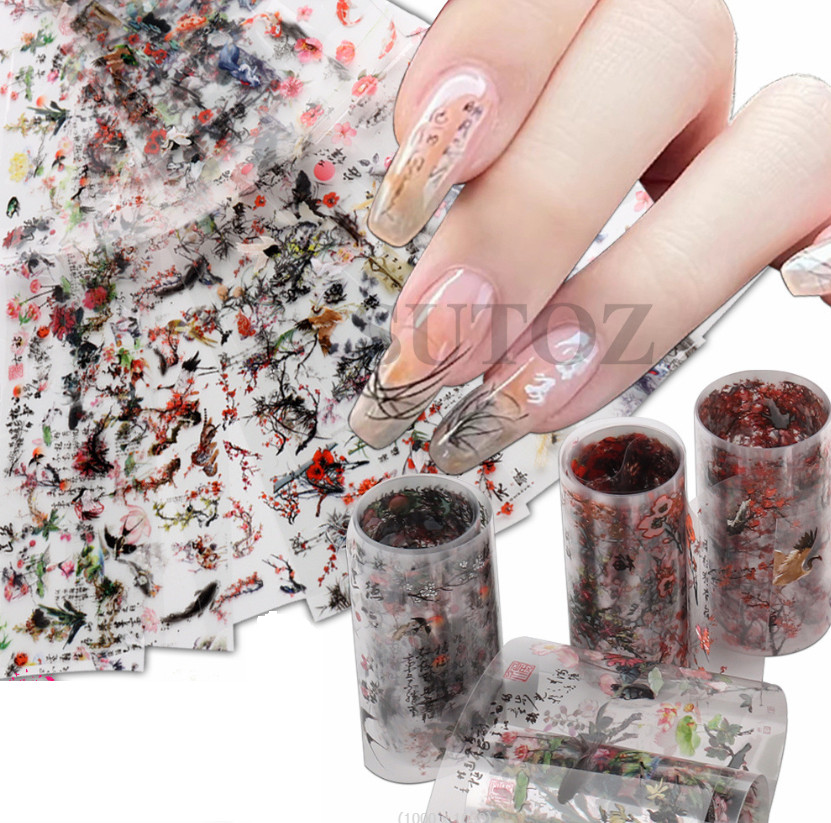 10Pcs Ink Asian Pictures Flower Nail Art Transfer Foil Sticker Manicure RTY NS54