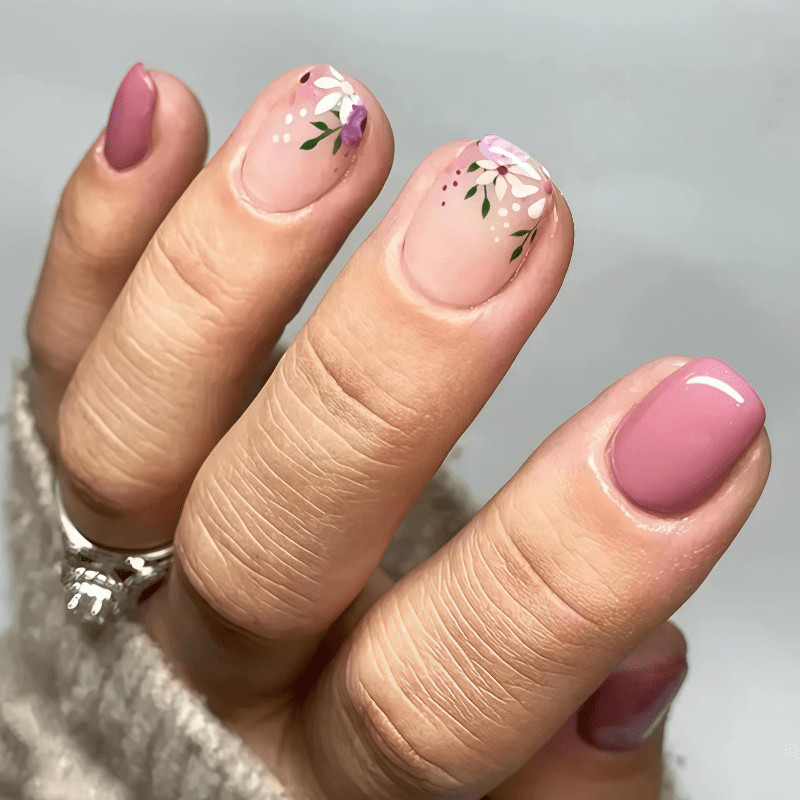 48Pcs-Short Square Pink Nude White Tiny Floral Dot Fake Press on Nails Set