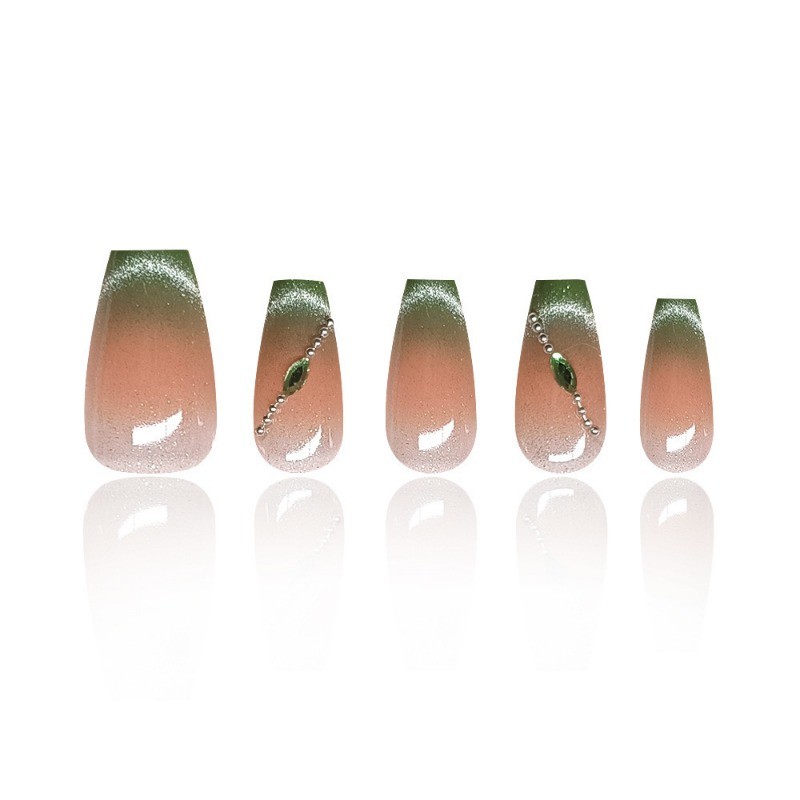 10Pcs Green Gradient Short Square Nails, Metal Chain & Crystal Cat Eye, Press