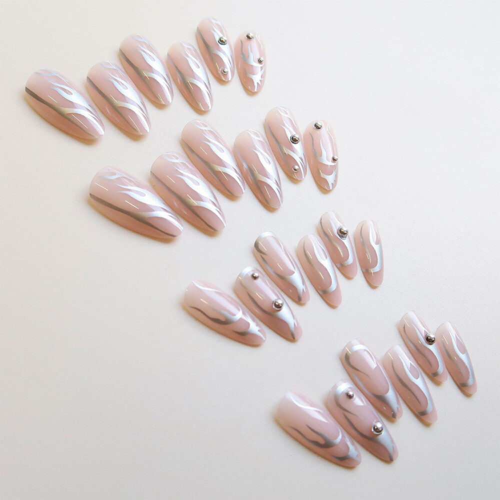 24PCS Silver Waves Almond Fake Nails Non-Toxic Odorless Not Hurt to Hands Nails