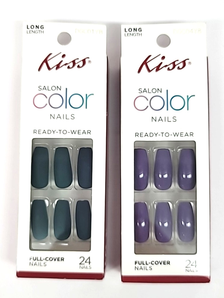 Set Of 2 Kiss Color Nails Matte Teal Green & Glossy Purple Long Length Glue On