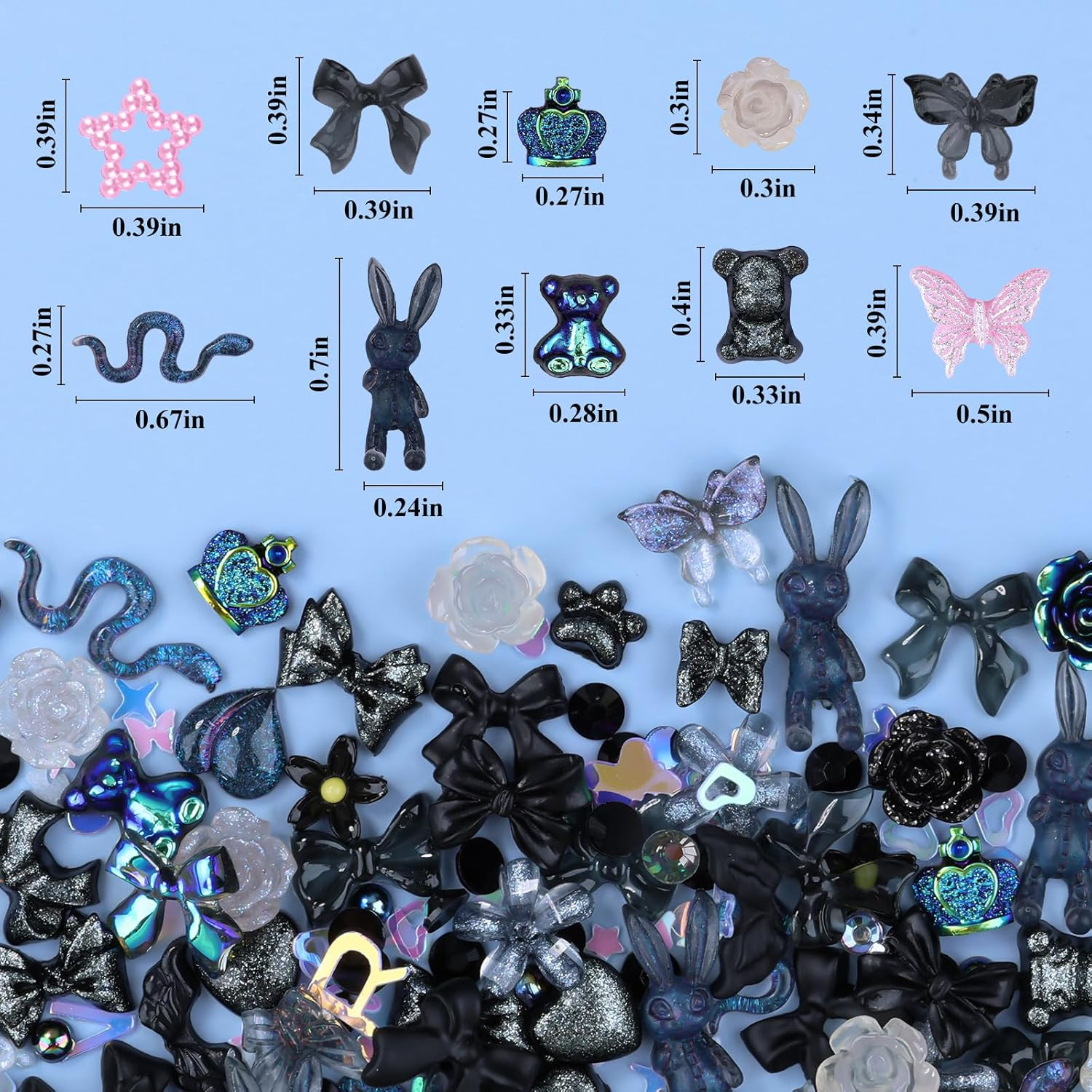 100 Pieces 3D Resin Butterfly Bear Nail Charms Rose Flower Peach Skirt Bow Deer