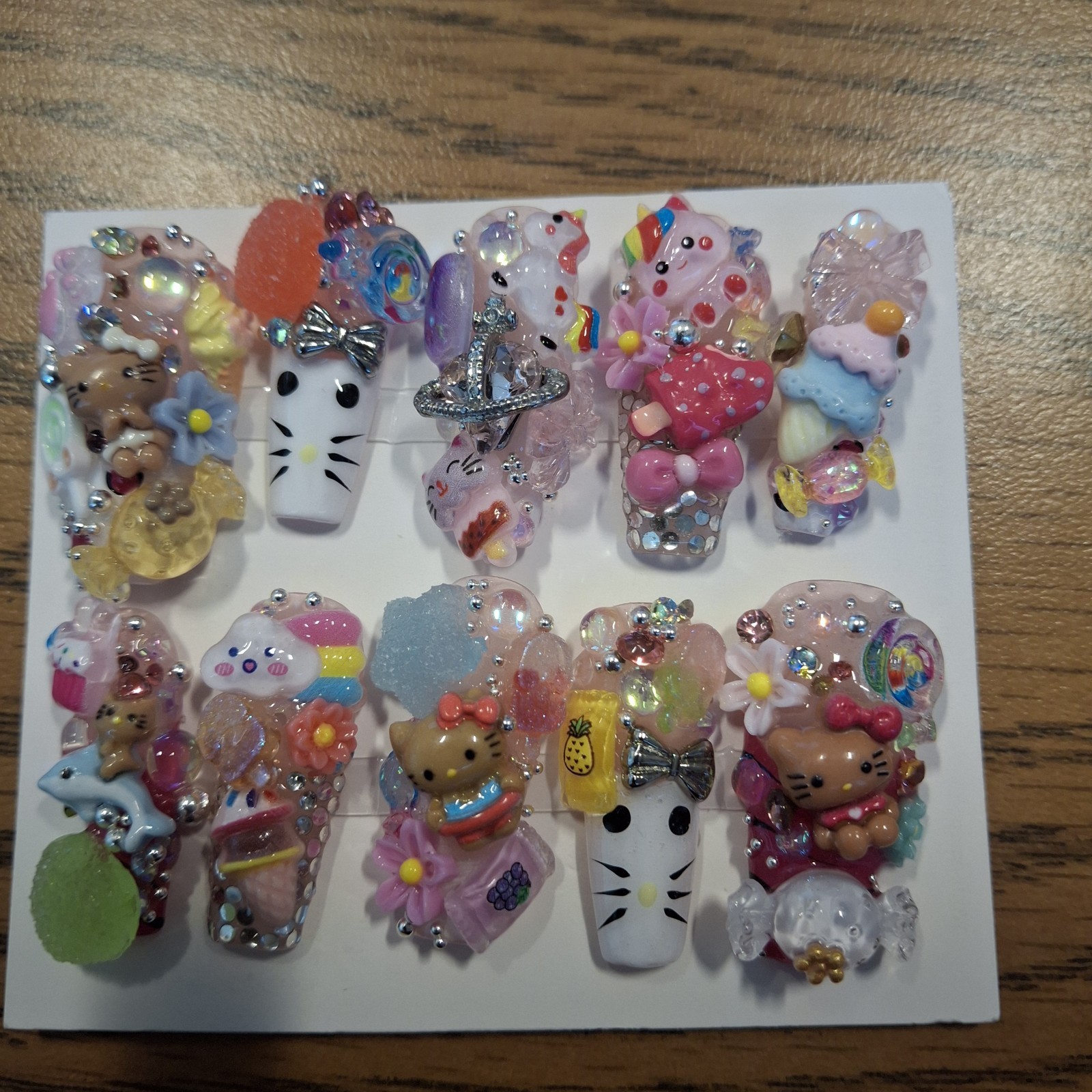 Hand Made, Special Occasion, “Hello Kitty Sweet Shop” Junk Nails. Sized Medium.