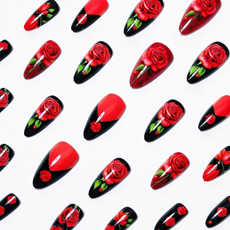 48PCS Long Almond Black 3D Red Rose Burgundy Nail Press Reusable Fake Nails