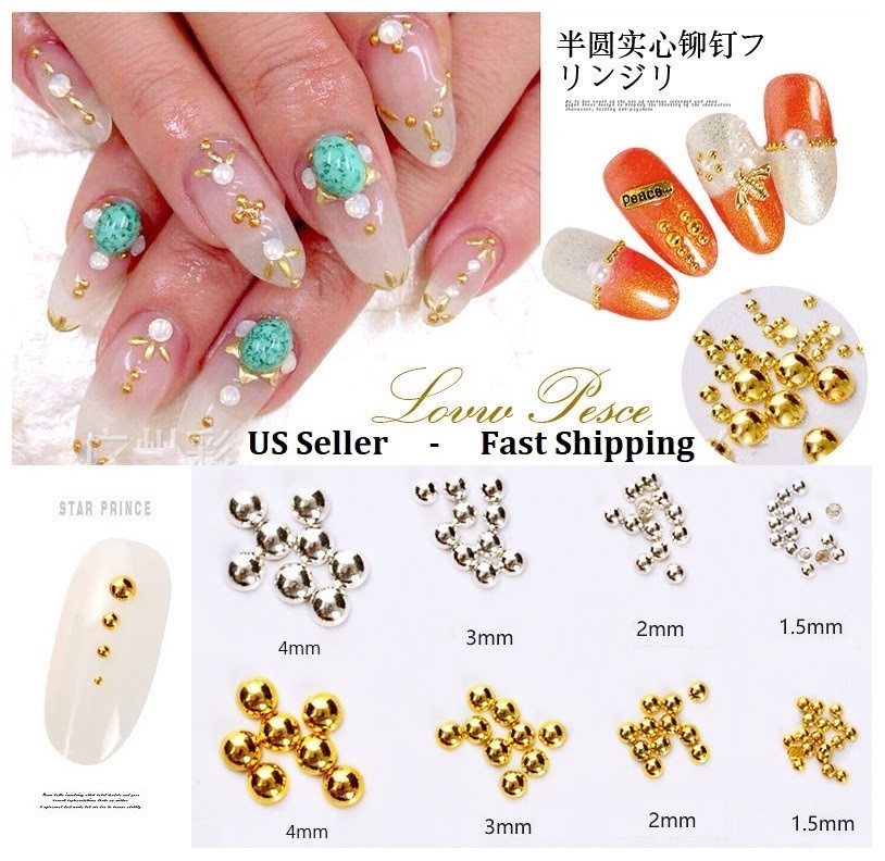 50/250pcs Mixed 3D Gold/Silver Metallic Round Solid Bead Stud Nail Art Decoratio