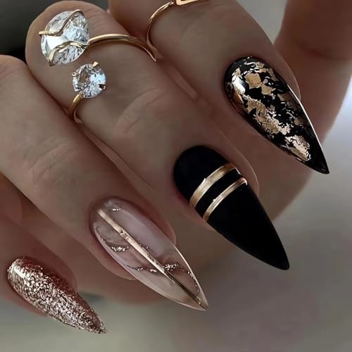 Black Amber Press on Nails Almond Fake Nails Medium Length Gold Foil style2