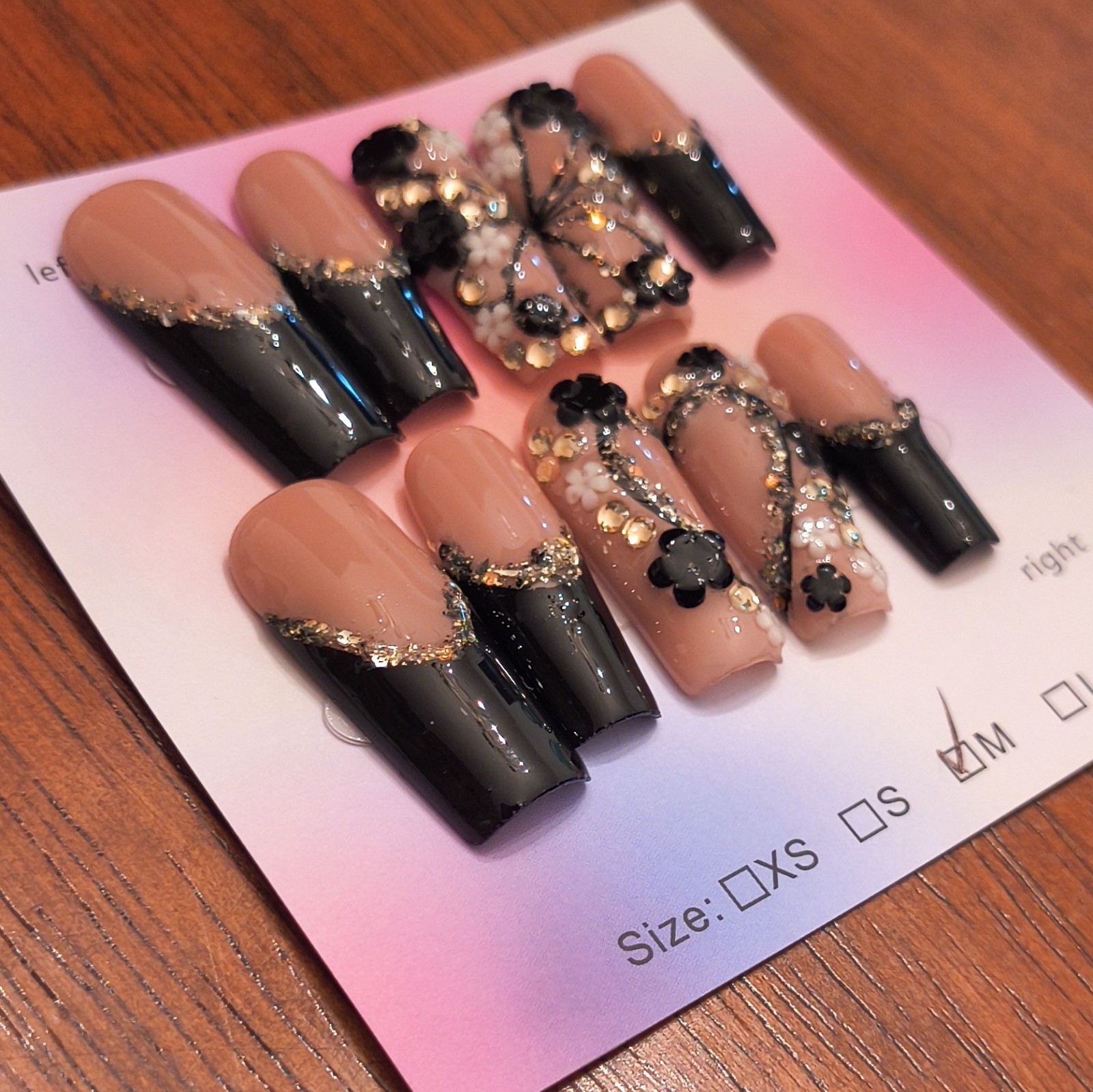 Press-On Nails Long Coffin Full Cover Black Nude Gold Glitter 3D Flowers Medium