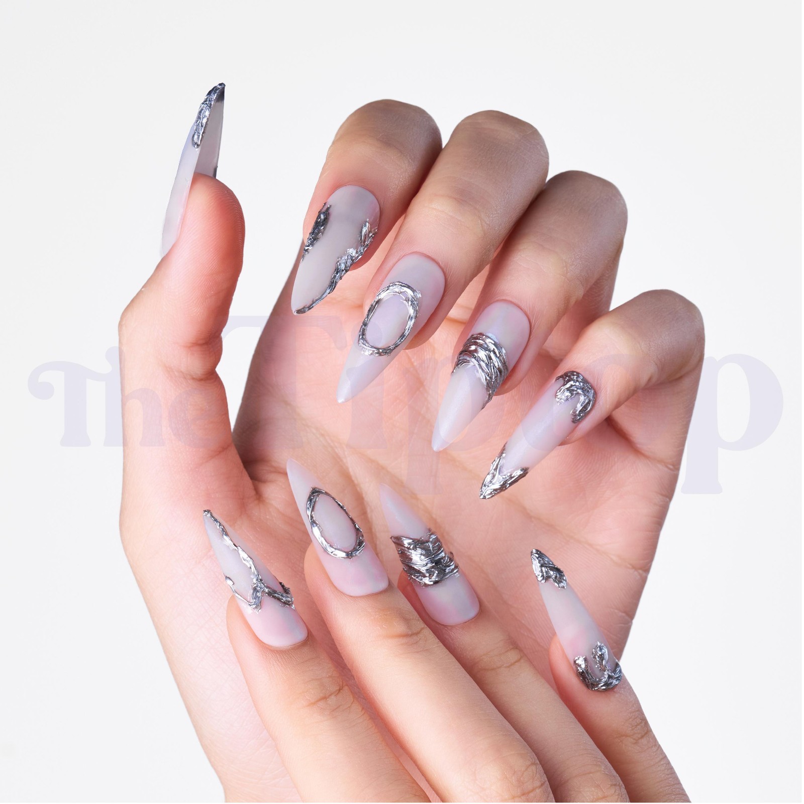 Silver Lume Press On Nails | Long Press On Nails | Gothic Nails | Y2k Nails |M18