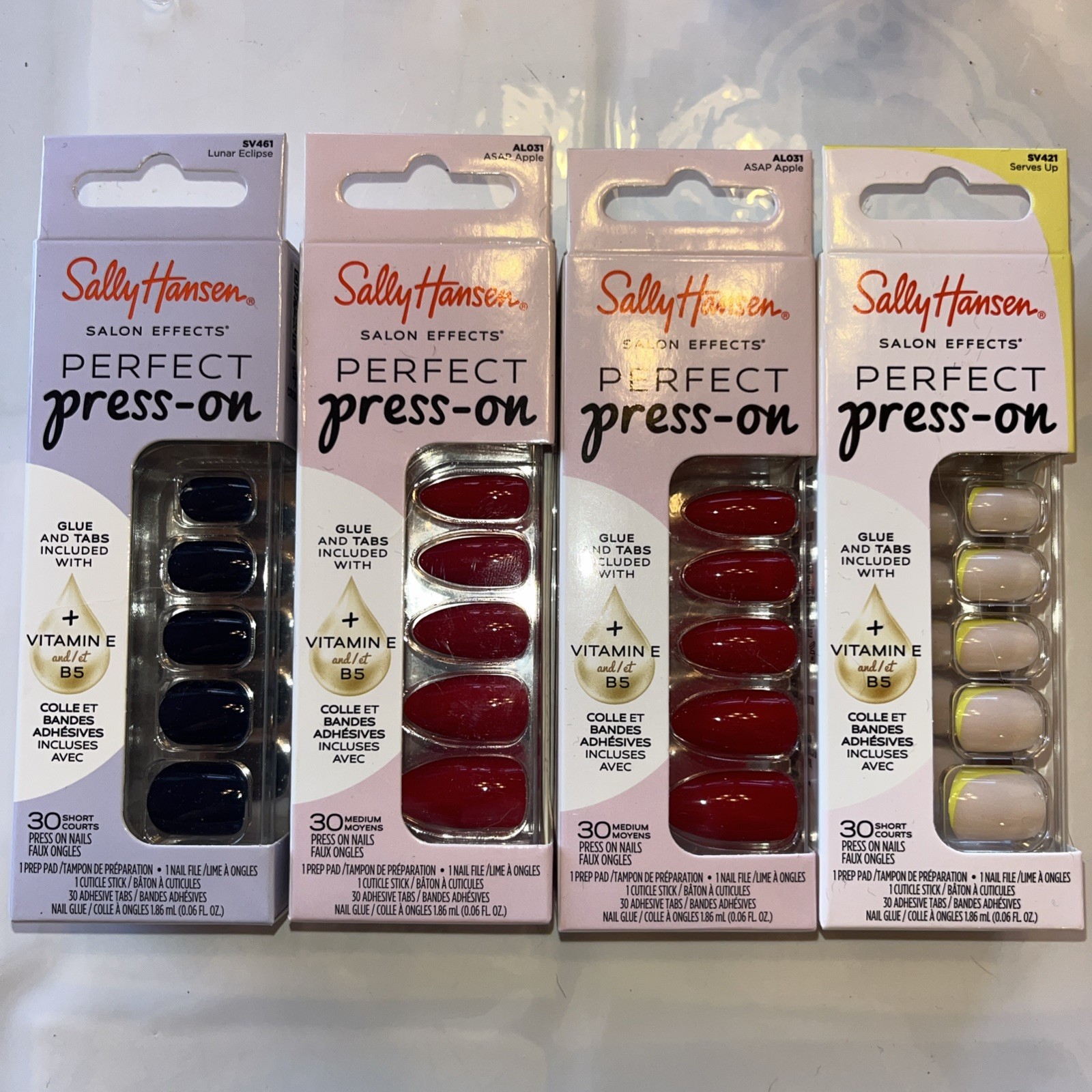 Lot Of (4) Sally Hansen Perfect Press-On Nails Red, Black, White E5