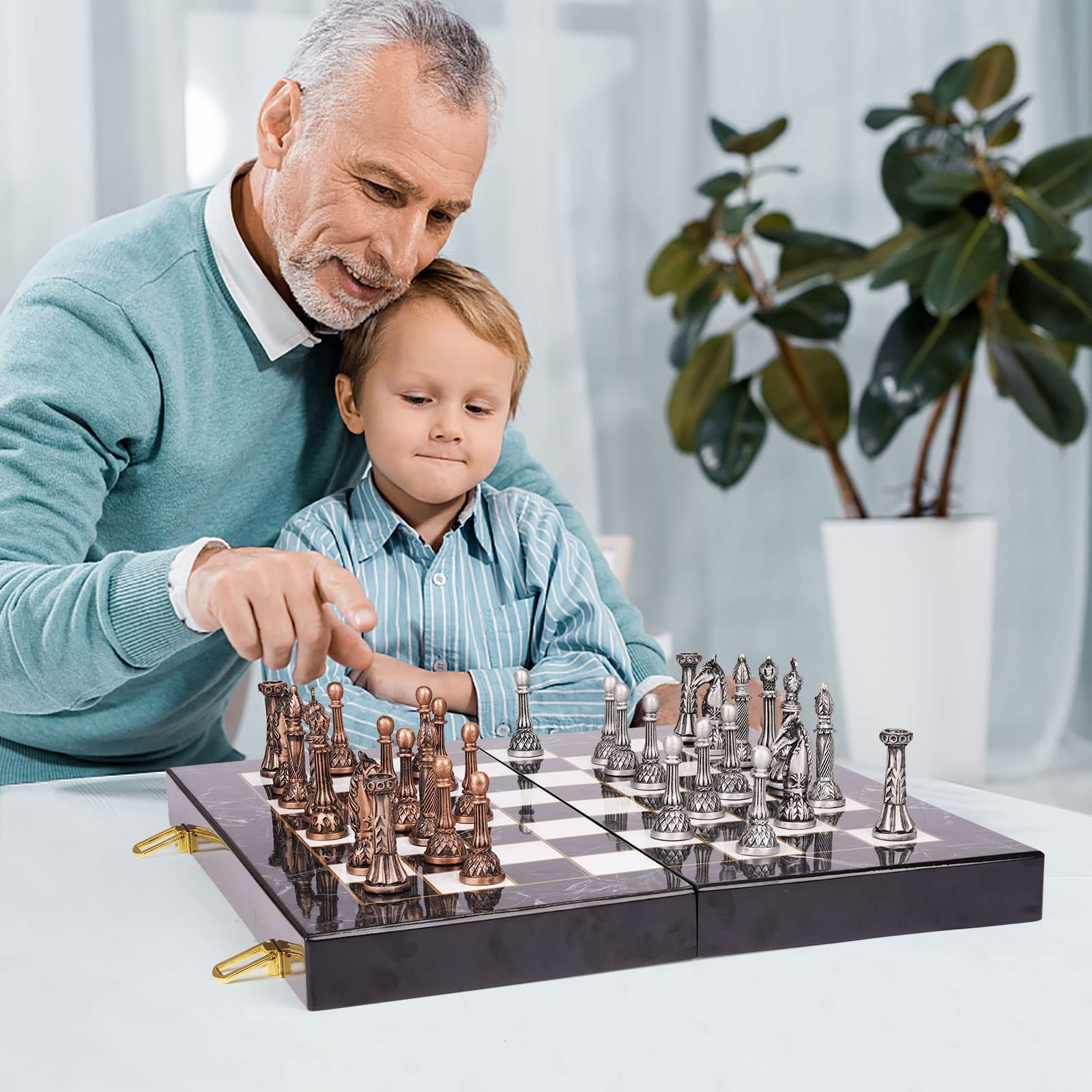 Retro Metal Chess Set for Adults 15.1 inches x inches, Bronze, Silver