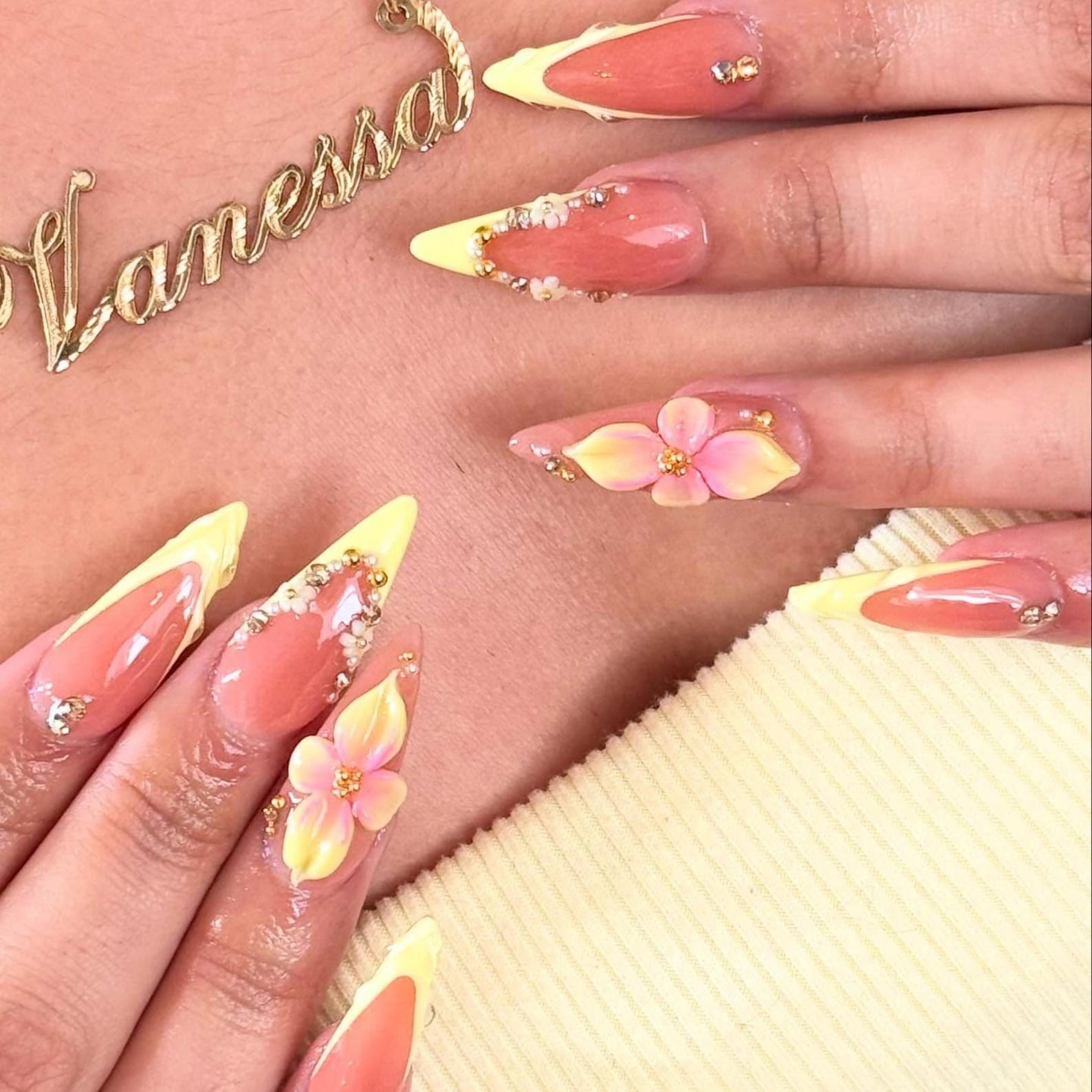 Handmade Yellow Peach Gradient Plumeria Rhinestone Long Stiletto Press on Nails