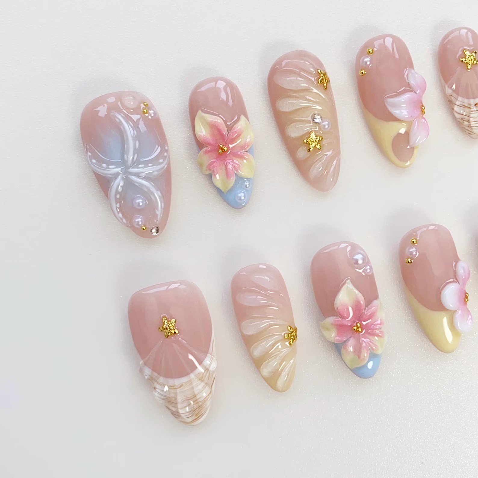 Starfish Bloom Summer Press-Ons: Yellow Floral/Shell, Multiple Shapes Available