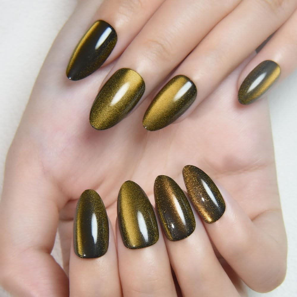 Cat Eye Gold Press on Nails Almond Short, Gold Metal Short Almond Soft Gel Press