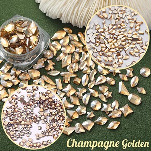 2630Pcs Gold Nail Rhinestones 120 Multi Shapes Crystal Flatback A Set Champagne