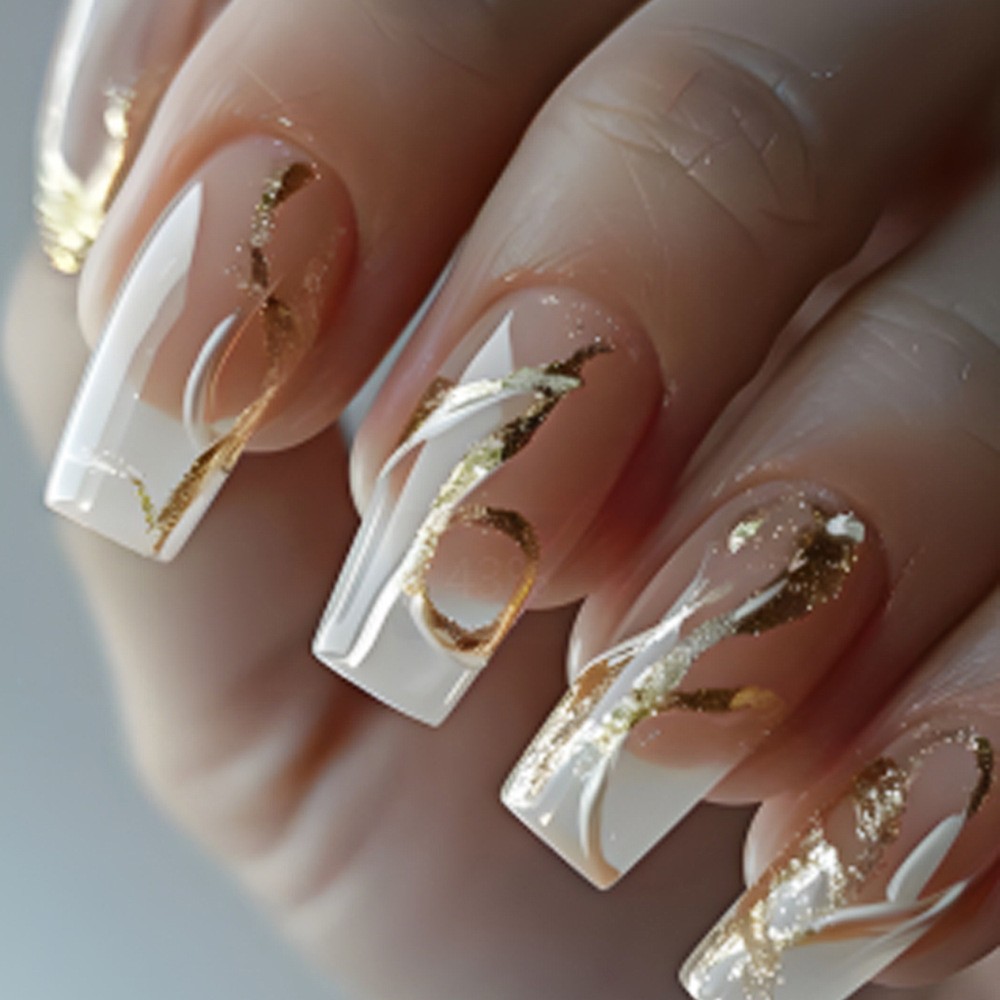 48 Pcs Gold Foil Curve French Press on Nails, Long Coffin Nude Fake Nails