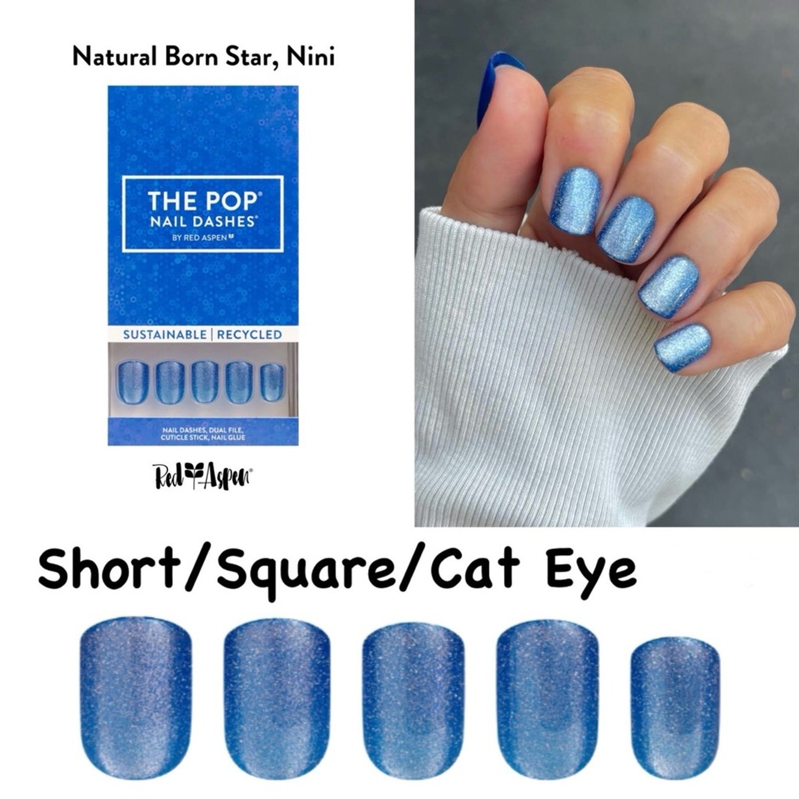 The Pop Nail Dashes Short Square Cat Eye Press-On Nails – Shimmery Blue